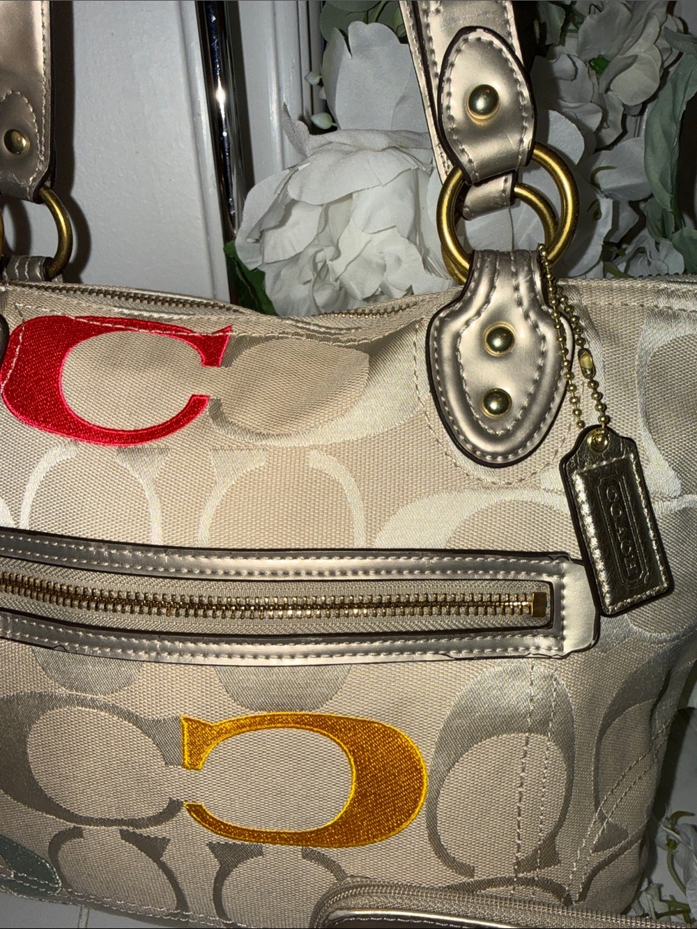 Coach Poppy Beige Signature Canvas Tote with Metallic Trim Multicolor & wallet - Picture 3 of 13